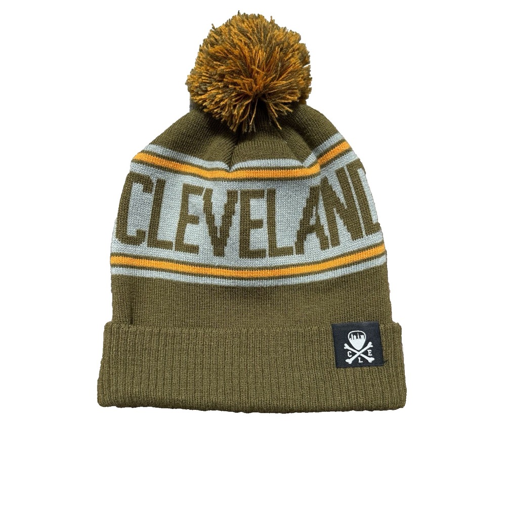 Cleveland CLE Hat Beanie Knit Cuffed Brown Orange Winter Adult Cap Puff Ball
